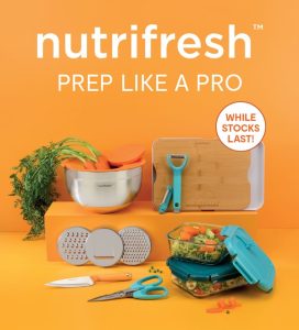 Nutrifresh Prep Like a Pro Collection line up, sitting on an orange background with fresh fruit and vegetables. Whilst Stocks Last sticker.